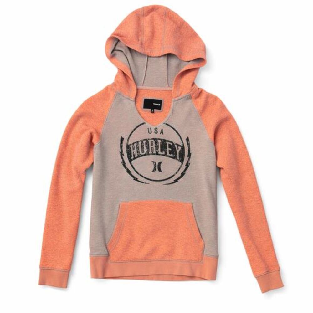 Hurley Hoodie V-Neck Pullover‎ Women's Size Small Coral Gray Logo Beach Tropical